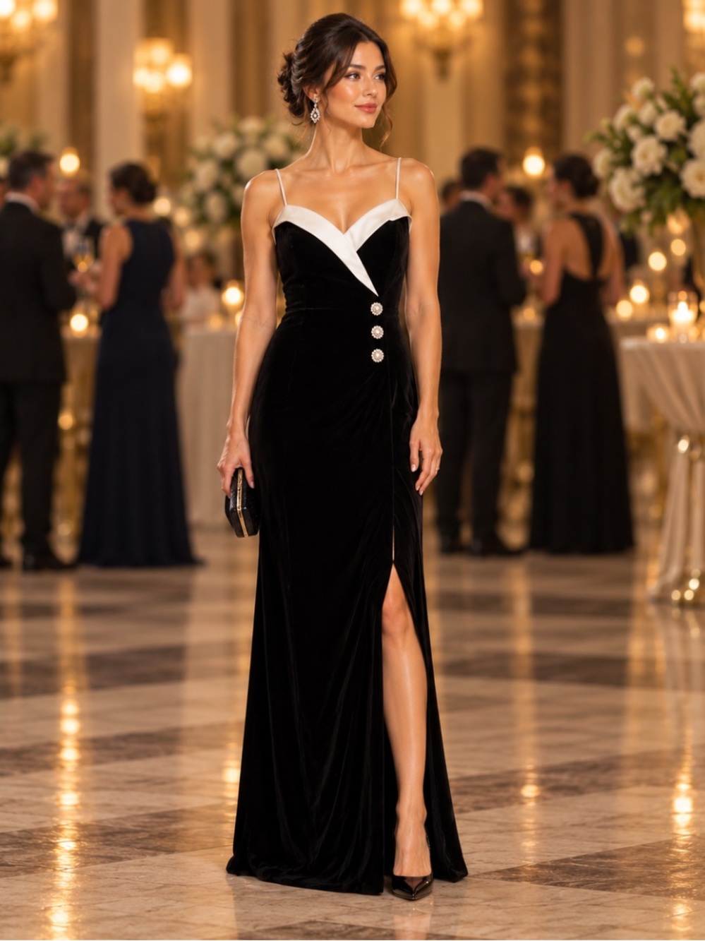 Betsy & Adam Black Velvet Evening Gown with White Accents